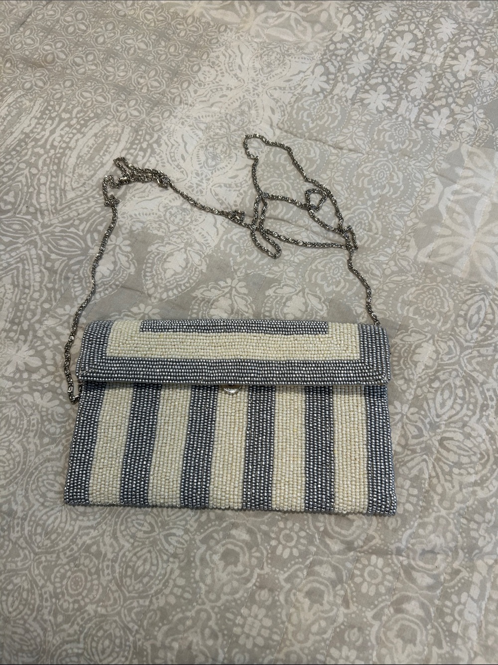 Beaded Striped Crossbody Bag in Navy and Cream